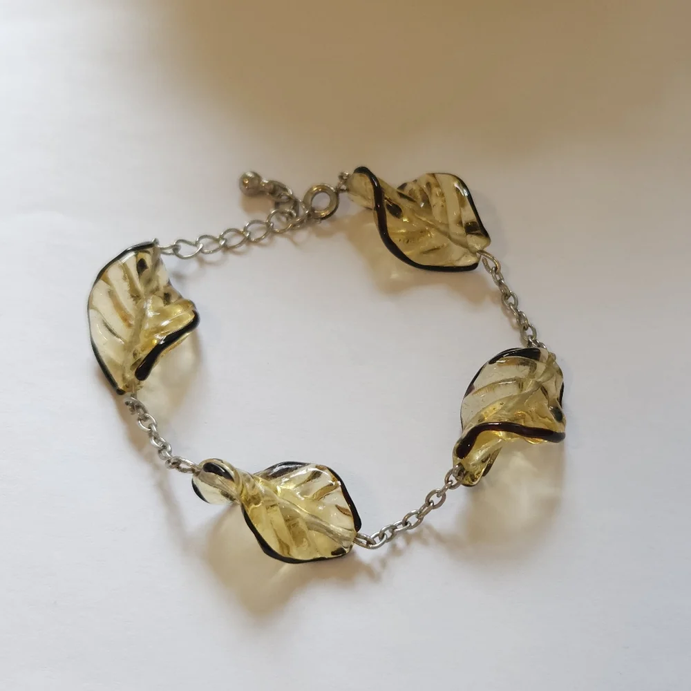 Yellow & Black Glass Spiral Leaf Beaded Bracelet Chain Bead Link Bracelet